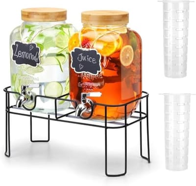 Glazen drankdispenser met standaard voor ijsthee, water en zelfgemaakte dranken - 2 x 4 liter met tapkraan