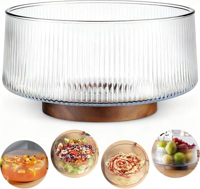 Extra grote glazen slakom van 4,5 liter met natuurlijke acaciahouten basis, geribbeld ontwerp, extra grote capaciteit voor familiediners, feesten en bijeenkomsten, multifunctioneel voor het