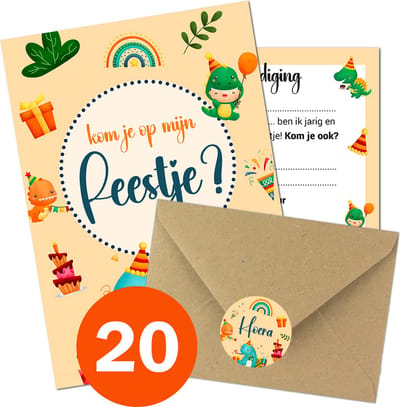 20x Uitnodiging Kinderfeestje + Enveloppen & Sluitstickers (20 kaartjes & 20 enveloppen) Beschrijfbaar - Thema Dino Geel - Uitnodiging verjaardag - Jongen of meisje - uitnodigingskaarten + kraft envelop - Verjaardag Feest