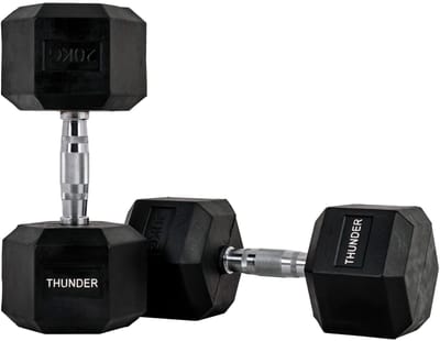 THUNDER® | HEXAGONAL-DUMBBELLS-20KG | Zwarte Rubberen Halter | Stalen Kern | Voor Krachttraining & Fitness | Antislip | Duurzaam & Professioneel | Per Stuk - Stevige Grip