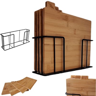 Set de 4 planches à découper en bambou + Support en acier