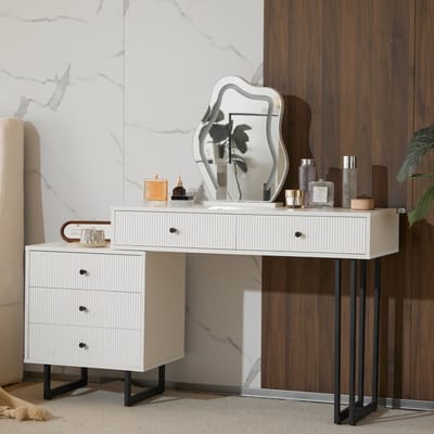 MODENUIT Kaptafel - Spiegel Met Dimbare Ledverlichting En 5 Lades - Voor Slaapkamer - Spaanplaat Wit - 100x40x76 Cm
