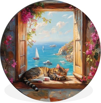WallCircle - Wandcirkel - Muurcirkel - Kat - Blauwe zee - Roze bloemen - Aluminium - Dibond - 30x30 cm - Binnen en Buiten