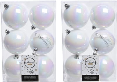 Decoris Kerstballen - 12x st - wit parelmoer - D8 cm - kunststof - mat/glans - kerstversiering