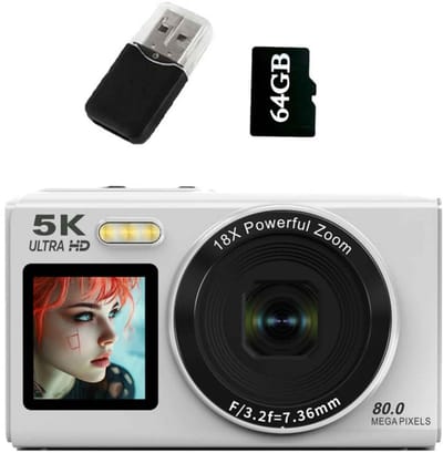 Casa Living Digitale Camera - Compactcamera - 5K UHD Opnames - 18X Zoom - Dubbel Scherm - Inclusief 64 GB Geheugenkaart - Zilver