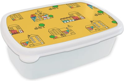 Broodtrommel Wit - Lunchbox - Brooddoos - Zomer - Patronen - City - 18x12x6 cm - Volwassenen