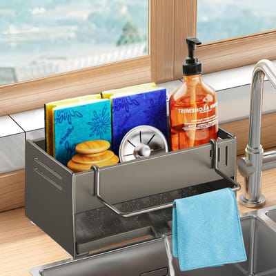 Ynkkvre - sponshouder - gootsteen organizer voor keuken - koolstofstalen sponshouder met uitneembaar lekbakje - keukenopberging voor sponsen