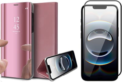 Hoesje geschikt voor iPhone 16e - Screenprotector Volledig Dekkend Glas - Spiegel Book Case Rosegoud