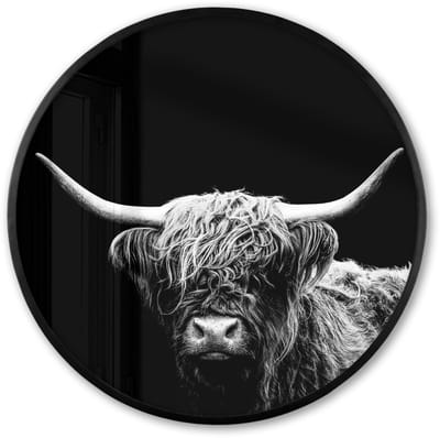 Poster in lijst Rond - Fotolijst 60x60 cm - Posters - Schotse Hooglander - Koe - Zwart - Wit - Dieren - Ronde posterlijst zwart - Decoratie - Wanddecoratie woonkamer - Muurdecoratie slaapkamer