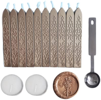 10 Stuks Sealing Wax Sticks met Wick, Inclusief 2 Witte Kaarsen en 1 Wax Smeltlepel voor Trouwinvitaties, Kaarten en Enveloppen (Brons)