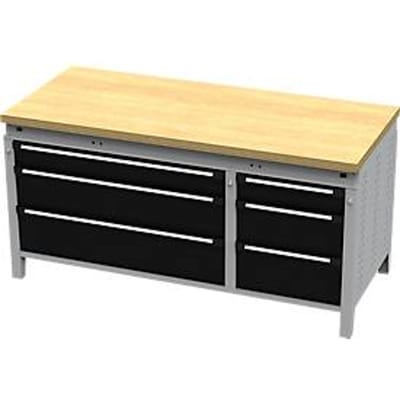 Otto Kind brede werkbank type 430, multiplexplaat van beukenhout, vlak afgeschoten, tot 1400 kg, B 1697 x D 750 x H 850 mm, staal, centrale vergrendeling, blank aluminium/diepzwart