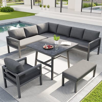 Sweiko Tuin Loungeset - 8 zitplaatsen - Metalen frame - Met kussens - Glazen tafel - Fauteuil - Grijs