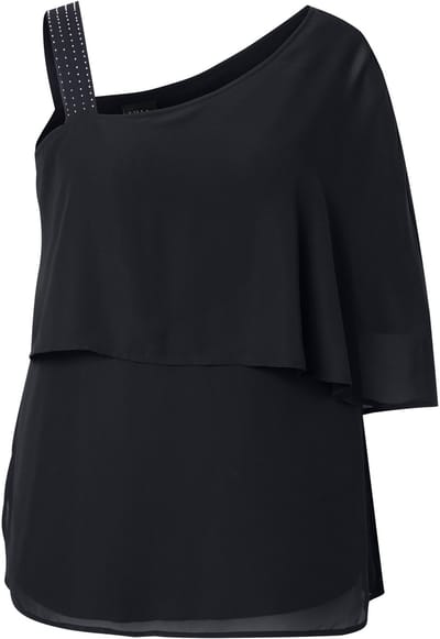 Ulla Popken - Dames - Chiffon blouse one-shoulder overgooier A-lijn 3/4-mouw - Zwart - Maat 54+