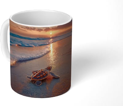 Mok - Koffiemok - Schildpad - strand - Zonsondergang - Mokken - 350 ML - Beker - Koffiemokken - Theemok