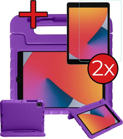 Hoesje - Geschikt voor Apple iPad 7/8 (2019/2020) - 10.2 inch - 7e/8e Generatie - Met 2x Screenprotector - Kinderhoes - Shockproof Bumper - Kidsproof Case - Tablethoes - Kinder Hoes Cover - Paars