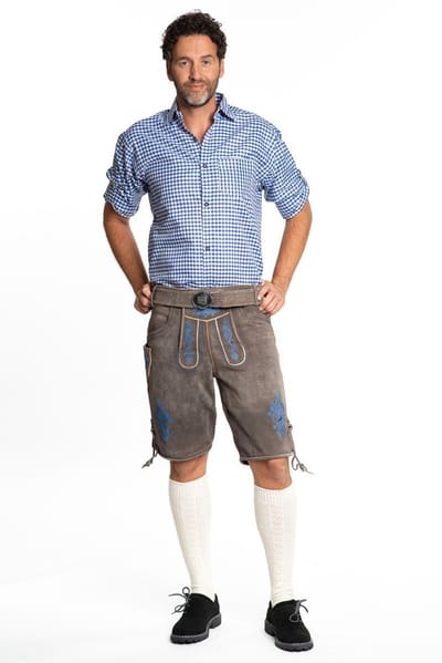 Tannhauser Lederhosen Gaudi Kort 100% Echt Leder Oktoberfest Heren Lederhosen Man Carnavalskleding Heren - Bruin/Blauw- Leer- S