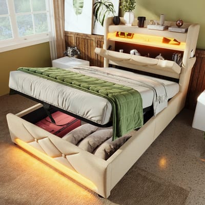 DESMIU Gestoffeerd Bed 90x200 cm – LED-Verlichting Rondom & Hoofdbord Met USB-C – Hydraulische Opbergruimte – Jeugdkamer – Linnen – Zonder Matras – Beige