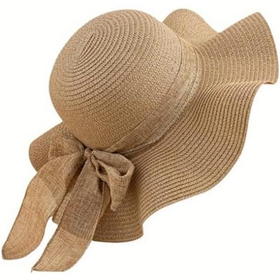 1 pièce Chapeau de soleil Kaki Décoré d'un nœud Chapeau de paille Pliable à larges bords Casquette de paille Minimaliste kaki