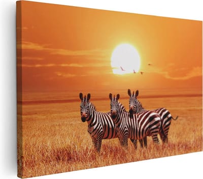 Artaza Canvas Schilderij Afrikaanse Dieren - 30x20 cm - Klein - Wanddecoratie Zebra - Muurdecoratie Savanne - Kamer Accessoires Zonsondergang