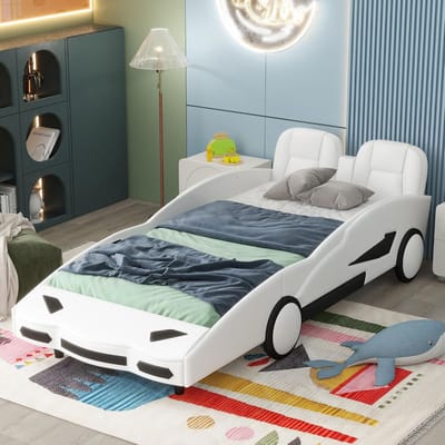 Kinderautobed - Racewagen Bed - Slaapkamer Inrichten - Met Valbeveiliging - 90 x 200 cm - Wit