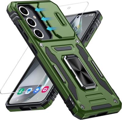 Geschikt voor Samsung Galaxy S24 FE 5G - Slide Cameraafdekking - Displaybescherming - Magnetische robuuste met standring - Militaire bescherming - Back Cover Hoesje - Groen