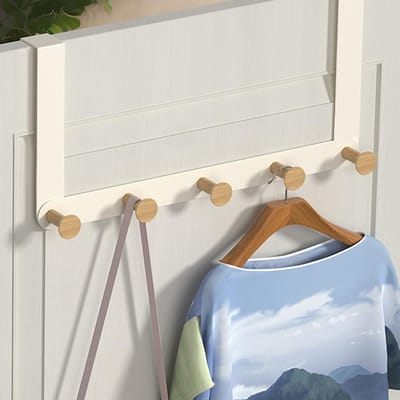 Deurhaken om op te hangen met 5 houten haken om op te hangen, handdoekhouder voor deur, kapstok voor hoeden, badjassen, badkamers, slaapkamers, voor deurdikte 4,5 cm