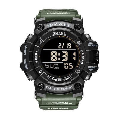 Heren Horloge Zwart met Groene rubber band | Digitaal | Smael | Waterdicht | Glow in dark | Zwart Groen | Mud Master | Leger | Army | Grof | Licht | Rubberen band | Timer | shock Bestendig | Eyecatcher | Master|