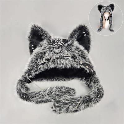 Nieuwe Gotische Punk Kattenoor Hoed Met Kruis Vleugel Ketting Decoratie Pluche Warme Wintermuts Voor Alternatieve Meisjes Y2K Rock Muziek Festival One Size black