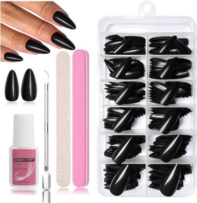 240 Stuks Press-on Nagels, Kunstnagels met Zachte Gel Tips, ABS Materiaal, Inclusief Nagellijm, Vijl, Cuticle Pusher en Opbergdoos - Zwart Amandelvormig voor Perfecte Manicure