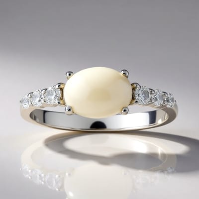 Cavill - Zilveren ring met witte ovale opaal 0,63 ct en tanzanische zirkonia's 0,3 ct - 925 sterling zilver met platina - Modern & tijdloos design