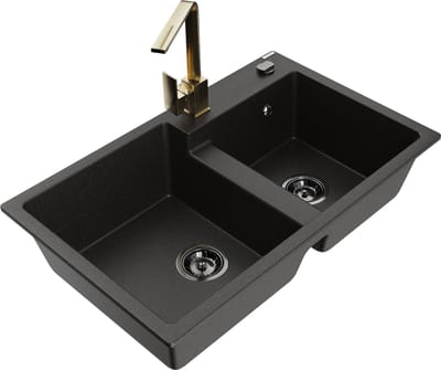 Mexen Tomas granieten gootsteen met 2 kamers en keukenmengkraan Rita, zwart/goud metallic - 6516-75-670300-50-B
