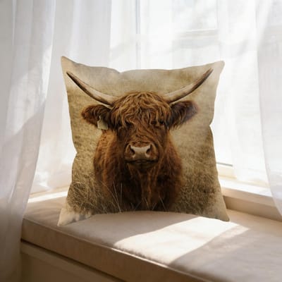Vierkussen Decoratief Beige Schotse Hooglander Print Voor Woonkamer Slaapkamer Vensterbank Linen 45*45(CM)-1Pcs