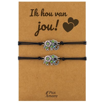 Koppel Armbandjes voor 2 "Ik hou van jou" - Olifant - BFF Armbandjes met Cadeau Kaartje - Zwart & Zilverkleurig - Elastisch Verstelbaar - Pax Amare