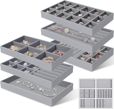 Set van 6 Opbergdozen voor Sieraden van Velvet, Stapelbare Organiser voor Ringen, Armbanden en Oorbellen, Ideaal voor Lades en Kasten
