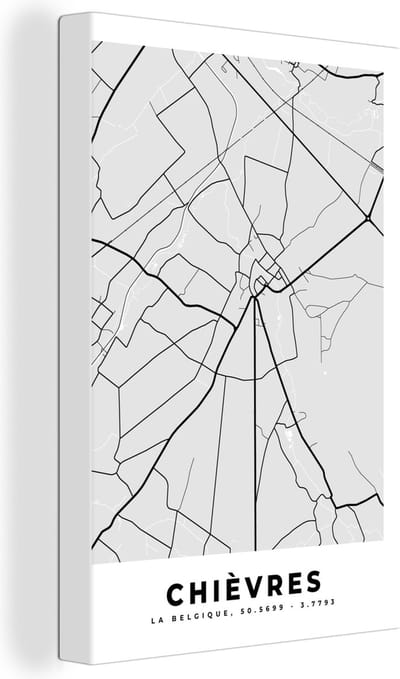 Canvas Schilderij Stadskaart – Zwart Wit - Kaart – Chièvres – België – Plattegrond - 20x30 cm - Wanddecoratie