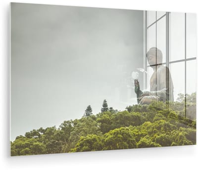 ® Glasschilderij 180x120 cm - Schilderij acrylglas - Het zijaanzicht van het standbeeld Tian Tan Buddha - Foto op glas - Muurdecoratie woonkamer - Wanddecoratie slaapkamer - Schilderijen