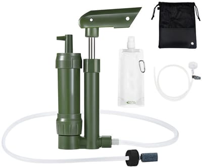 Handpomp Waterfilter 3-Fasen Systeem voor Camping en Outdoor Activiteiten - 0.01 Micron met 500ml Wateropslagzak voor Hiking en Survivalgebruik