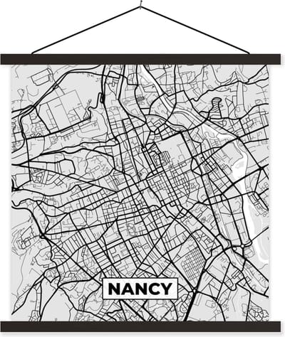 Posterhanger incl. Poster 60x60 cm - Schoolplaat - Plattegrond - Kaart - Stadskaart - Frankrijk - Nancy - Textielposter - Zwarte latten - Stadskaart