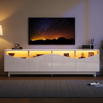 VVBV Wit Hoogglans Gebogen TV-Meubel 175×38×51 cm – MDF & Gehard Glas – LED Verlichting 60.000 Kleuren – Modern & Elegant– Kabelmanagement – Stevig & Waterbestendig – TV Kast voor Woonkamer & Slaapkamer