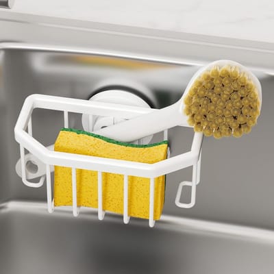 Spongehouder voor aanrecht met sterke zuiging, keukenorganizer voor spons, borstel en schraper, roestvrij en eenvoudig te reinigen, houdt alles netjes en georganiseerd