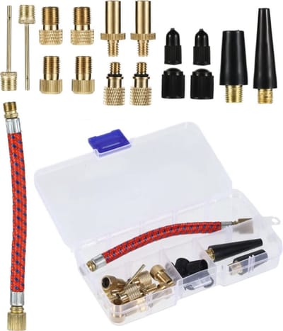 TLVX Ventiel adapters en doppen set 17 stuks met opbergdoosje / Balnaalden / Ventiel Adapter Elektrische Fiets / Step banden / Fatbike / E-Scooter / Voetbal / Autoband / Fietsband / Oppompen / Compressor / Voetpomp verloopstuk / Luchtbed / Universeel