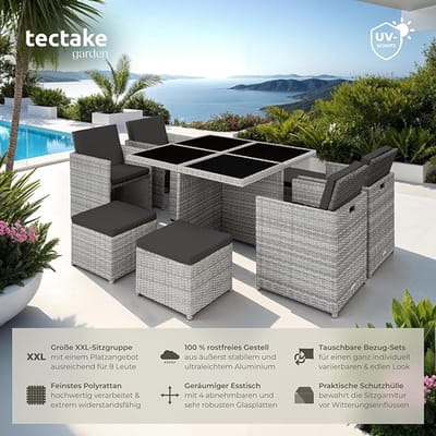 Outdoor Loungeset 8-Persoons 220x180x82 cm – Balkon, Tuin & Terras Dining Set met 4 Stoelen, 4 Krukken en Tafel, Polyrotan Vlechtwerk, Ruimtebesparend & Weerbestendig, Inclusief Beschermhoes – Natuur | Laura