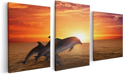 Artaza Canvas Schilderij Drieluik Twee Dolfijnen bij de Zonsondergang - 120x60 - Foto Op Canvas - Canvas Print