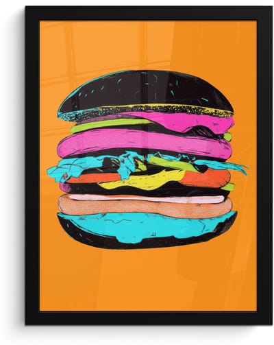 Poster in lijst - Fotolijst 30x40 cm - Posters - Hamburger - Kleurrijk - Speels - Posterlijst zwart - Decoratie - Wanddecoratie woonkamer - Muurdecoratie slaapkamer