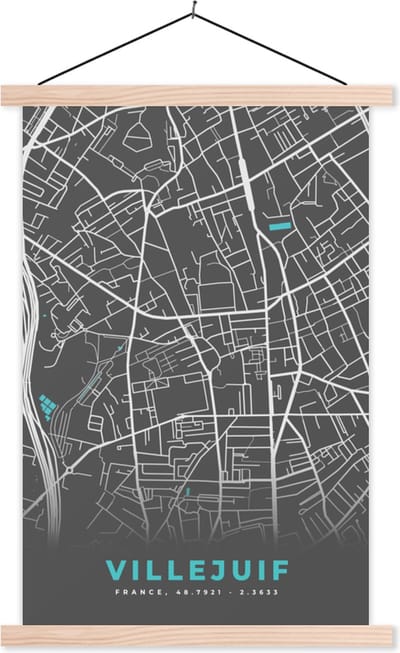 Posterhanger incl. Poster 40x60 cm - Schoolplaat - Frankrijk – Plattegrond – Kaart – Villejuif – Stadskaart - Textielposter - Blanke latten - Stadskaart