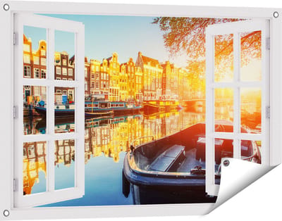 Gards Tuinposter Doorkijk Amsterdamse Brug - Gracht - met Bloemen - 90x60 cm - Tuindoek - Tuindecoratie - Wanddecoratie buiten - Tuinschilderij