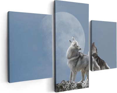 Artaza Canvas Schilderij Drieluik Twee Wolven Die Huilen Tijdens Volle Maan - 90x60 - Foto Op Canvas - Canvas Print