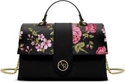 Eco gerecycled leer schouder tas - handvatten en ketting schouderriem - prachtige rozekleurige bloemen patroon