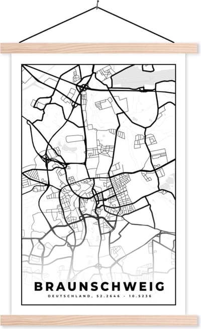 Posterhanger incl. Poster 40x60 cm - Schoolplaat - Braunschweig - Plattegrond - Kaart - Stadskaart - Textielposter - Blanke latten - Stadskaart