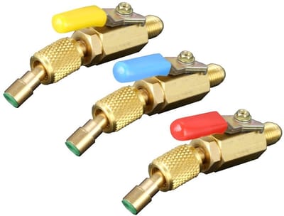 Allecto - Kogelkraan - Compacte 45° gebogen - Messing - 7/16 inch aansluiting - Voor R134a R410A R22 R12 - 3 poorten